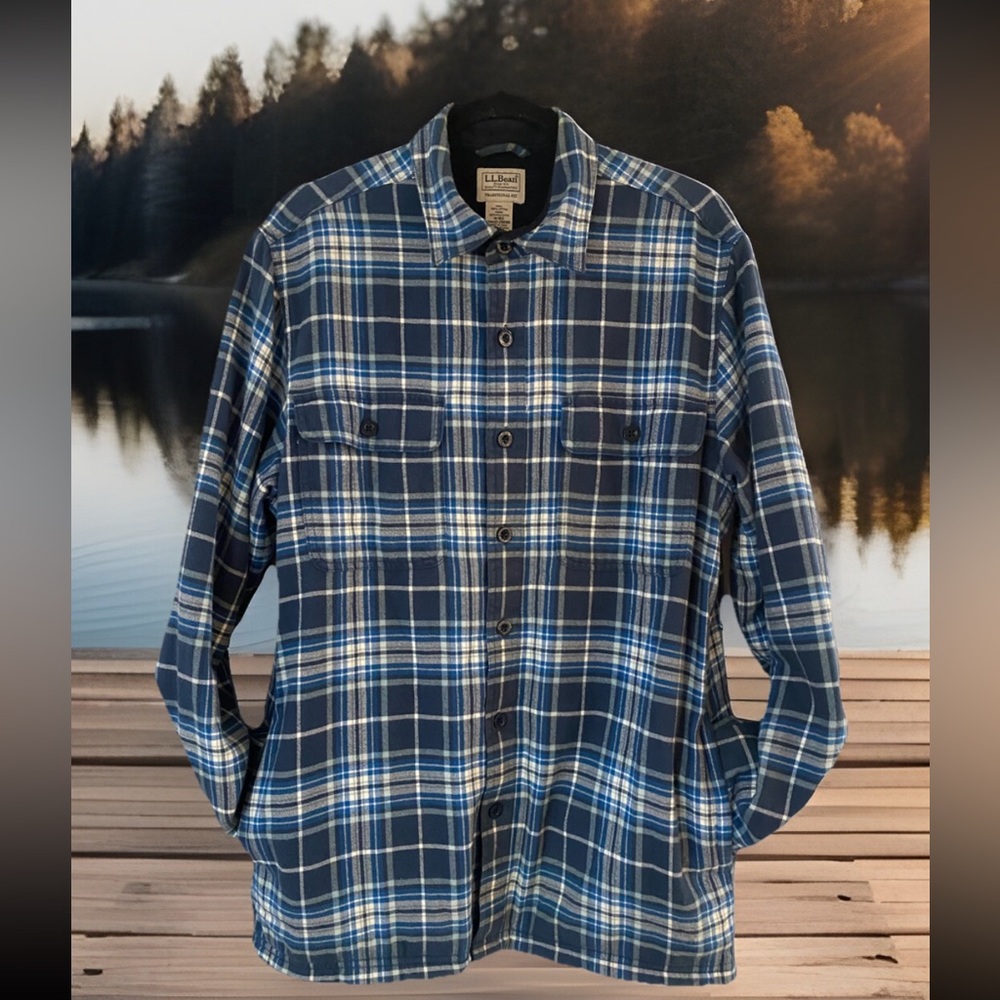 LL Bean Mens Medium Blue Plaid Flannel Fleece Lined Shirt Jacket Shacket 298189